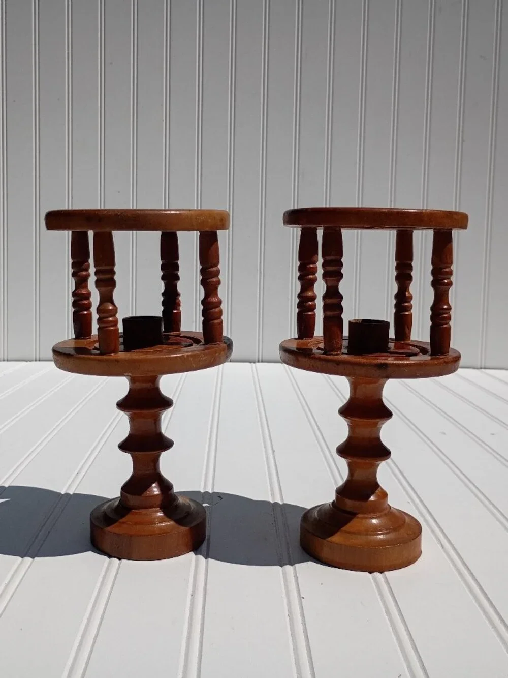 Vintage Turned Wood Candle Holder Pair Cage Spindle Taper Rustic Farmhouse MCM